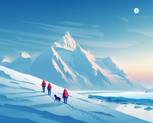 Vector illustration of an Arctic exploration scene, with explorers, sled dogs, and icebergs in a crisp, clean style - obrazy, fototapety, plakaty