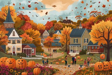 Vector illustration of an autumn harvest festival in a small town, with pumpkin patches, hayrides, and families enjoying fall activities