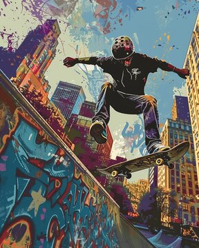 Dynamic vector illustration of a skateboard park, showcasing skaters performing tricks with urban graffiti in the background