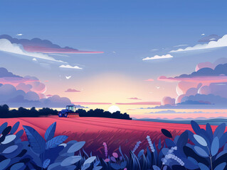 Illustration of a farmer on a tractor harvesting crops in a field at sunset with a vibrant sky.