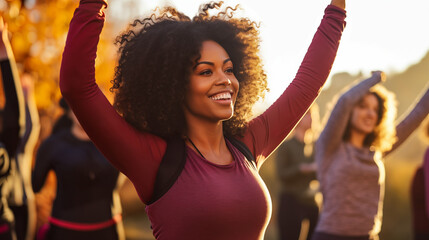 Joyful Woman with Afro Hair Raising Arms during a Group Exercise Class with Other Women in a Park. Fitness Class in Nature. Outdoor Fitness Concept.