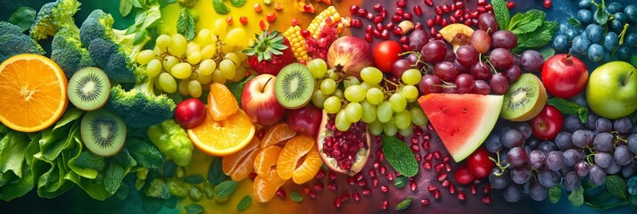 Colorful Fruits and Vegetables Rainbow, Gradient Background, Closeup Shot, Intricate Details