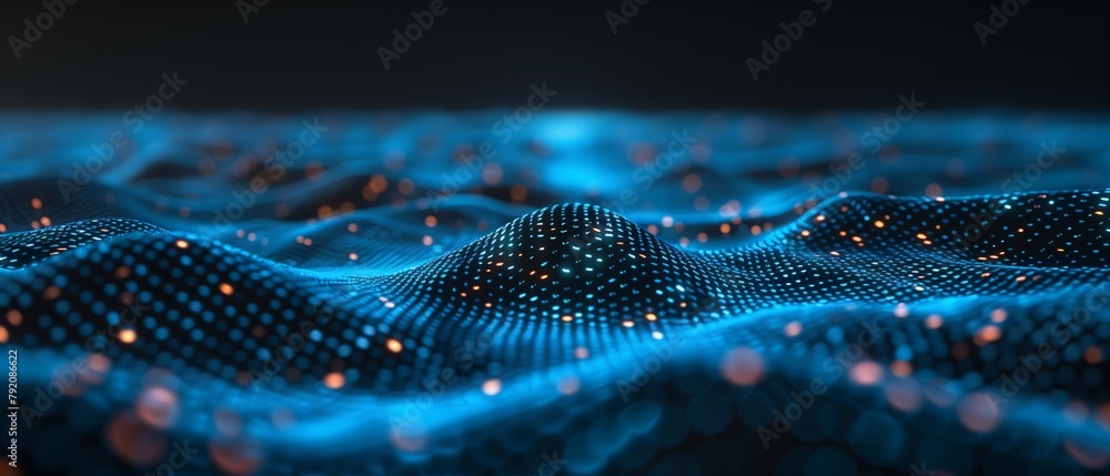 Poster abstract blue background with glowing connections, network lines on dark space for technology, scien