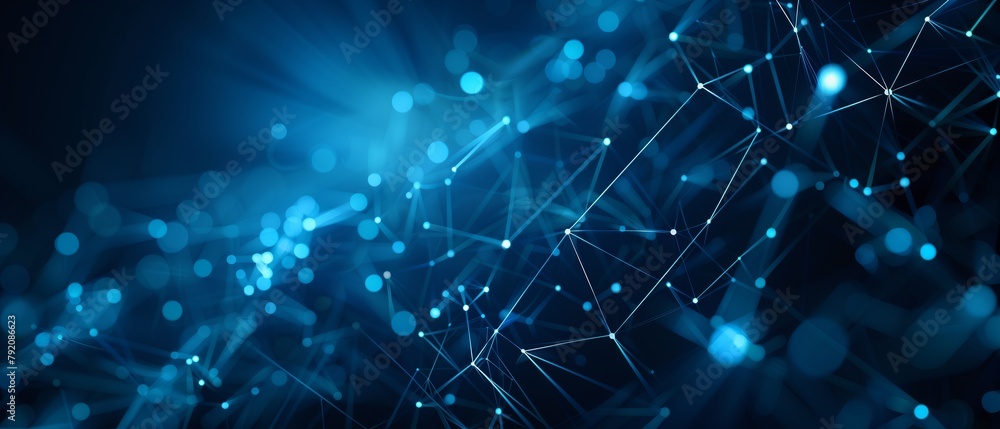 Poster abstract blue background with glowing connections, network lines on dark space for technology, scien