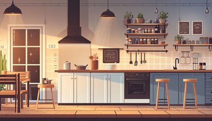 Cartoon kitchen interior: whimsical and simple design for playful cooking adventures! 🎨🍳 - obrazy, fototapety, plakaty