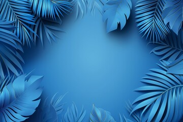 Fototapeta na wymiar Abstract background with blue color and palm leaves, paper cut style, minimalistic, flat lay