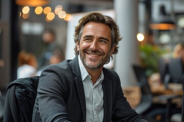 Fototapeta premium Confident businessman with a captivating smile in a modern cafe setting