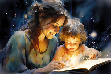mother and child at home, mother and child, parent and child, mother and child reading, mother day,  mother reading a bedtime story to her child, mother reading, watercolor, mom - obrazy, fototapety, plakaty