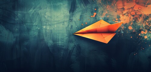 Bright simple orange paper plane on grungy blue background. - obrazy, fototapety, plakaty