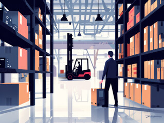 Illustration of a forklift operator moving boxes in a warehouse with a businessman overseeing. - obrazy, fototapety, plakaty