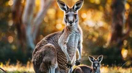 kangaroo mother carrying her child with blur background - obrazy, fototapety, plakaty