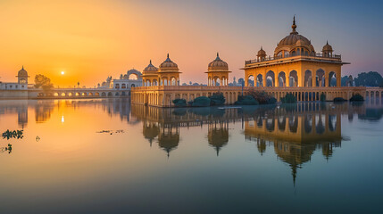 a golden-hued architectural structure reflected in calm waters, with the sun setting gracefully in the background