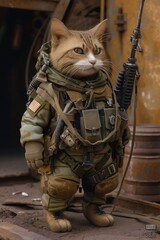 Soldier cat: brave, vigilant, purrfect. Standing guard with whiskered valor! 🐱🎖️ - obrazy, fototapety, plakaty