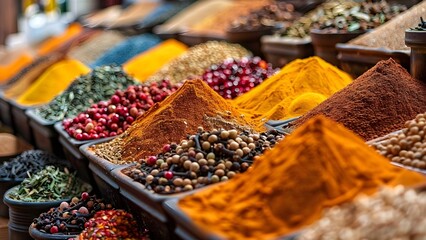 Exploring a wide range of traditional spices from different cultures at a local market store. Concept Spice Market, Cultural Flavors, Global Cuisine, Culinary Journey, Traditional Ingredients