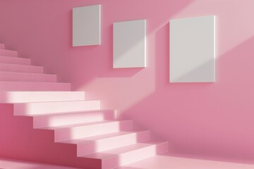 Minimalist Stairs with Simple White Canvas Frames on a Soft Pastel Pink Wall, Ideal for Design Studio Mockups and Creative Visual Presentations.