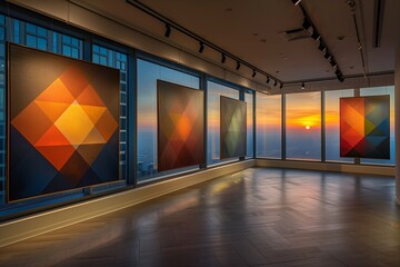 Modern art gallery at twilight, showcasing a series of large-scale, geometric paintings.