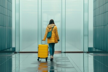 Young female traveler passenger walking with a yellow suitcase, female traveler with yellow suitcase, a woman at the airport with yellow suitcase 