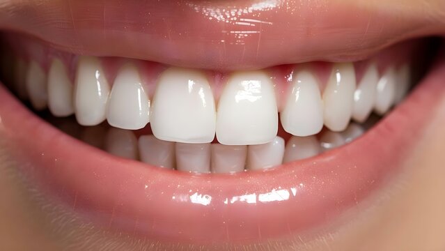 Banner ad for tooth whitening services featuring closeup of perfect white teeth. Concept Dental Care, Teeth Whitening, Bright Smiles, Oral Health, Perfect Smile