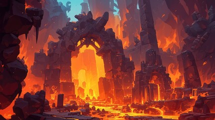 Immerse yourself in a fantastical world where fiery lava flows through a rocky cave creating a hellish backdrop like no other This stunning fantasy landscape features molten magma cascading  - obrazy, fototapety, plakaty