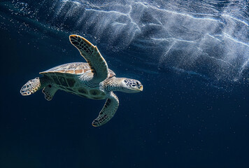 Sea Turtle swimming in the dark blue ocean.