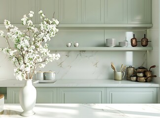 White kitchen with light green cabinets and marble countertop