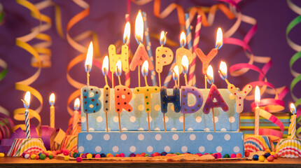 Lit candles of different colors in the shape of letters forming the phrase HAPPY BIRTHDAY, against...