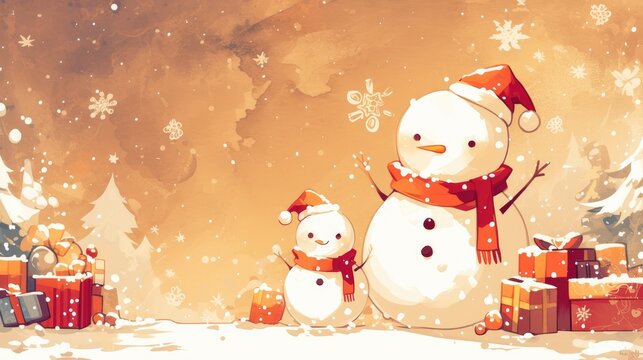 Illustration of a charming snowman set against a cozy brown Christmas background in a dynamic 2d design