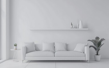White living room interior with sofa and shelf