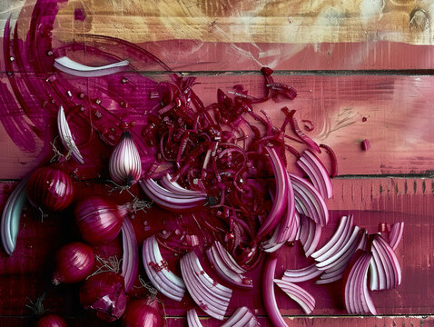 Macros photography Artistic Splash of Red Onions and Sliced Layers on Wooden Board