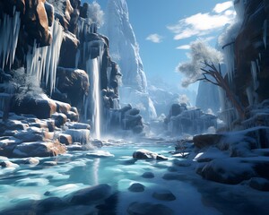 Fantasy landscape with a waterfall in the mountains. 3d rendering