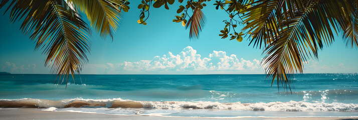 A tranquil view of the ocean from a tropical beach with palm leaves, perfect for travel and vacation-related content.