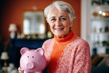 Woman holding a pink piggy bank in the living room