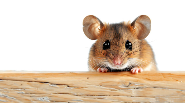 a cute brown and white mouse peeking over the edge of a wooden surface. The mouse has round ears, black eyes, and a pink nose