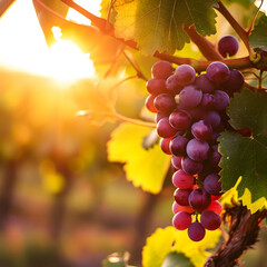 Cluster of red grapes basks in the sunlight and the warm glow of the vineyard behind.