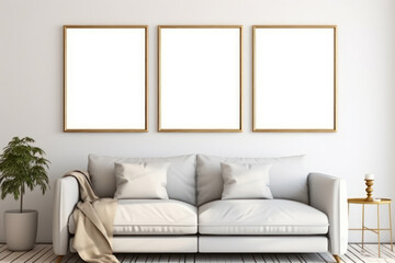 Elegant Living Room with Blue Sofa and Gold-Framed Art