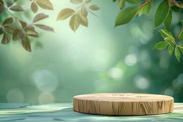 Sophisticated Wooden Product Podium with Nature Leaves Blurred Background in an Emerald Green Gallery Setting