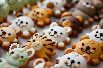 Gourmet cookies with colorful frosting on various animals with a low depth of field.