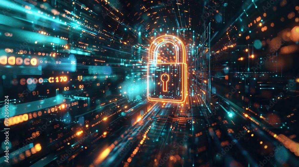 Poster advanced cybersecurity concept with a neon glowing lock on a digital network, symbolizing data prote