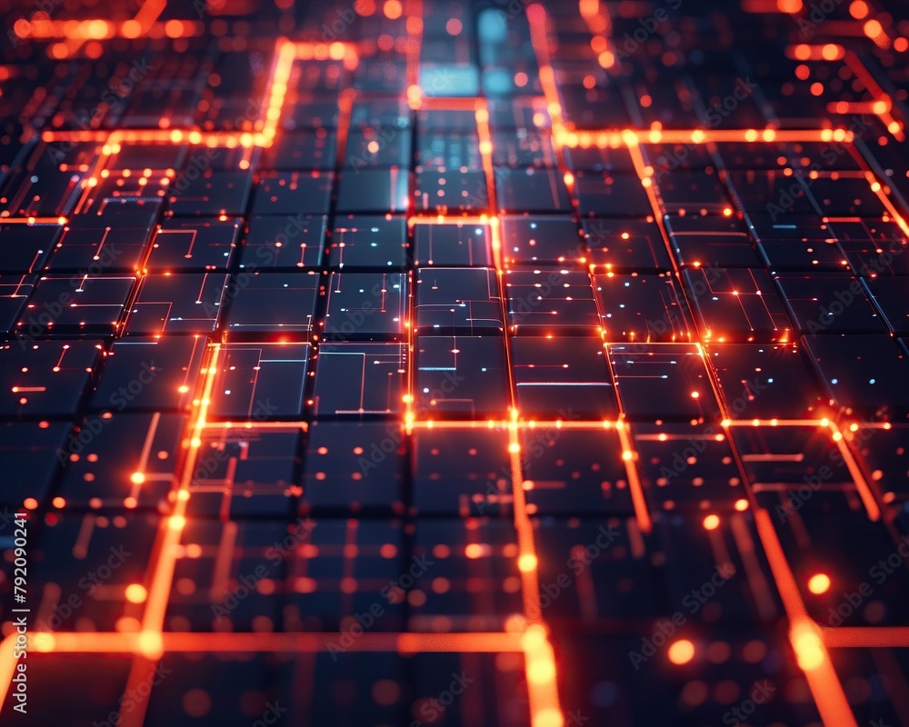Poster high-tech digital circuit network with a red and blue glow, symbolizing advanced technology and futu