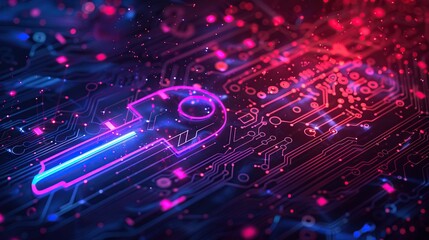 Fototapeta premium Conceptual background of shimmering neon particles digital key, surrounded by circuit lines and tech elements, ideal for themes of digital security and encryption