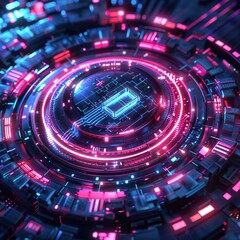 Obraz premium Futuristic technology background featuring a network of glowing blue pink circuit lines and digital nodes, ideal for high-tech presentations or web designs