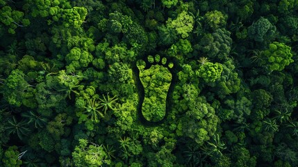 Illustration of a large carbon footprint symbol embedded in a lush forest, illustrating the impact of human activity on natural environments - obrazy, fototapety, plakaty