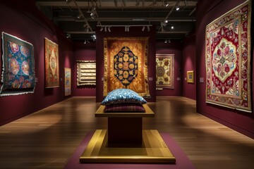 Sumptuous Textile Showcase on Pedestal in a Rich Burgundy Art Gallery, Featuring a Golden Background with Impeccable Lighting