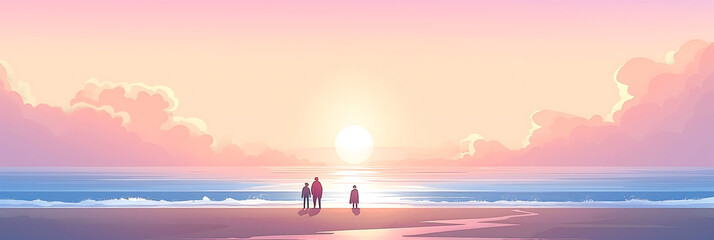 background of 3 people walking on the beach at sunset of a summer day - obrazy, fototapety, plakaty