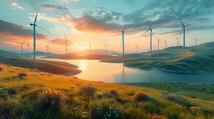 Inspiring Wind Energy Poster: Vintage Style with Tranquil Landscape