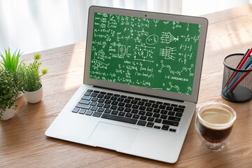 Mathematic equations and modish formula on computer screen showing concept of science and education