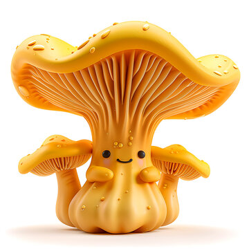 Funny cute yellow chanterelle mushroom with hands and eyes, 3d illustration on a white background, for advertising and design of mushroom dishes