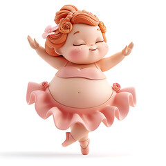 Fat cute body positive ballerina in a pink dress, 3d illustration on a white background, for advertising and design, creative avatar