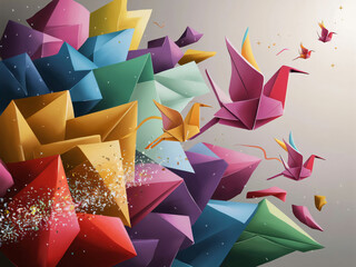 Grullas origami volando, concepto de creatividad e inspiración