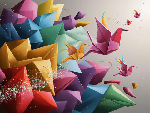 Grullas origami volando, concepto de creatividad e inspiraci&oacute;n
